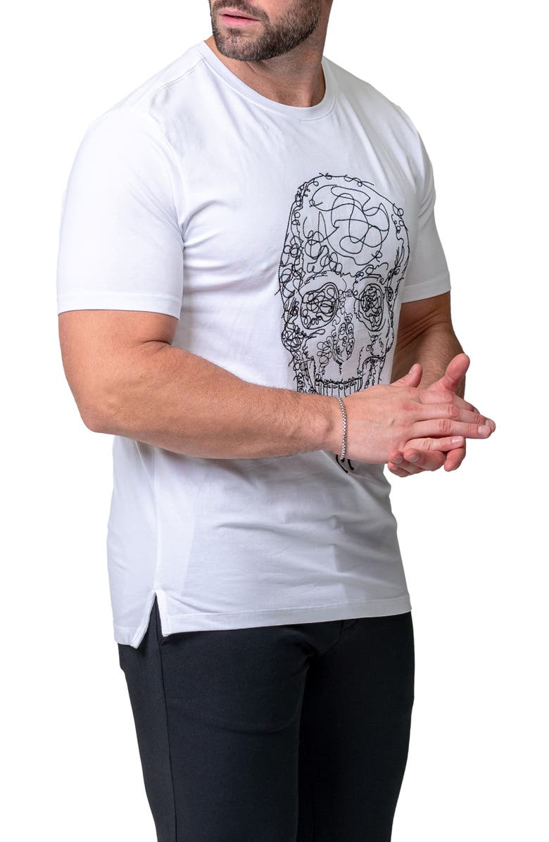 Maceoo Scribbleskull White Embroidered Skull Stretch Cotton T-Shirt, Alternate, color, White
