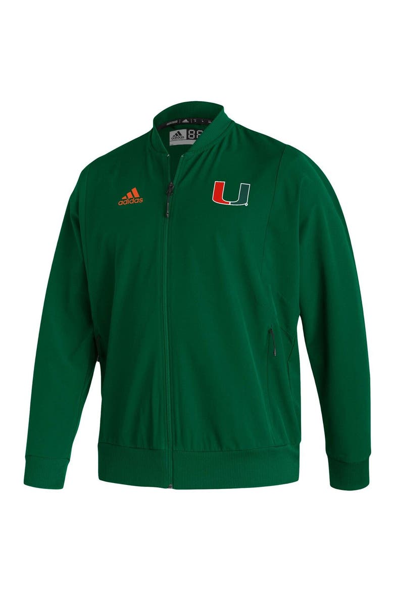 Men's adidas Green Miami Hurricanes 2021 Sideline Woven Primeblue Full-Zip Bomber Jacket, Alternate, color, Hunter Green