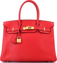 Pre-Owned Hermes Birkin Handbag Red Clemence with Gold Hardware 30