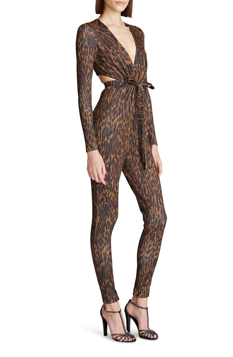 HALSTON EVENING Jada Leopard Scuba Cutout Jumpsuit, Alternate, color, 