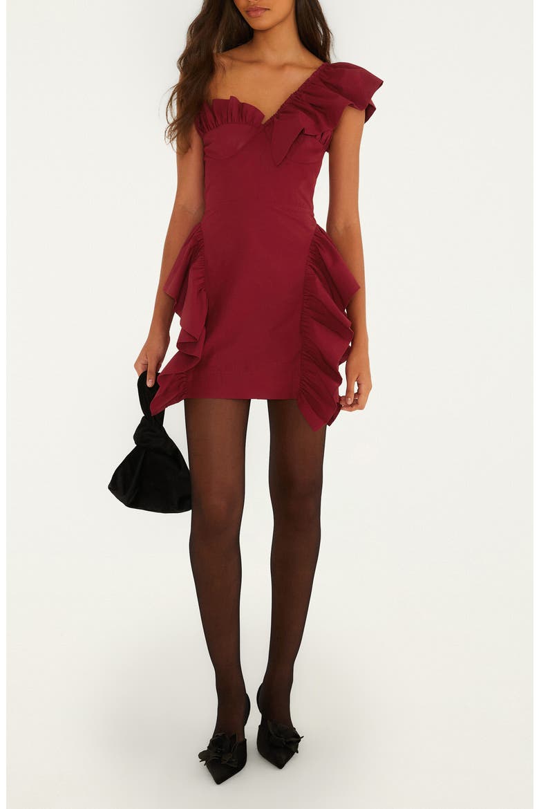 Ruffled One-Shoulder Minidress, Main, color, DARK RED