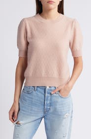 FRAME Puff Sleeve Pointelle Cashmere Sweater