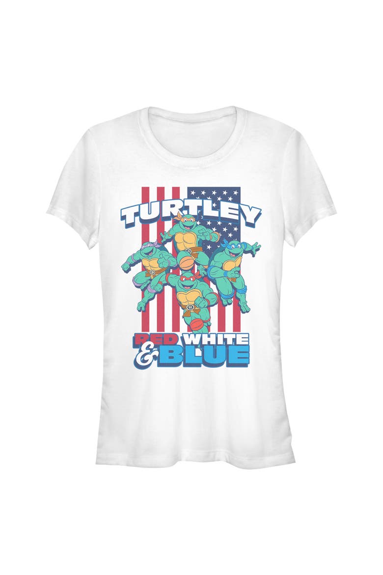 Junior's American Red White and Blue Turtley Short Sleeve Graphic T-Shirt, Main, color, White