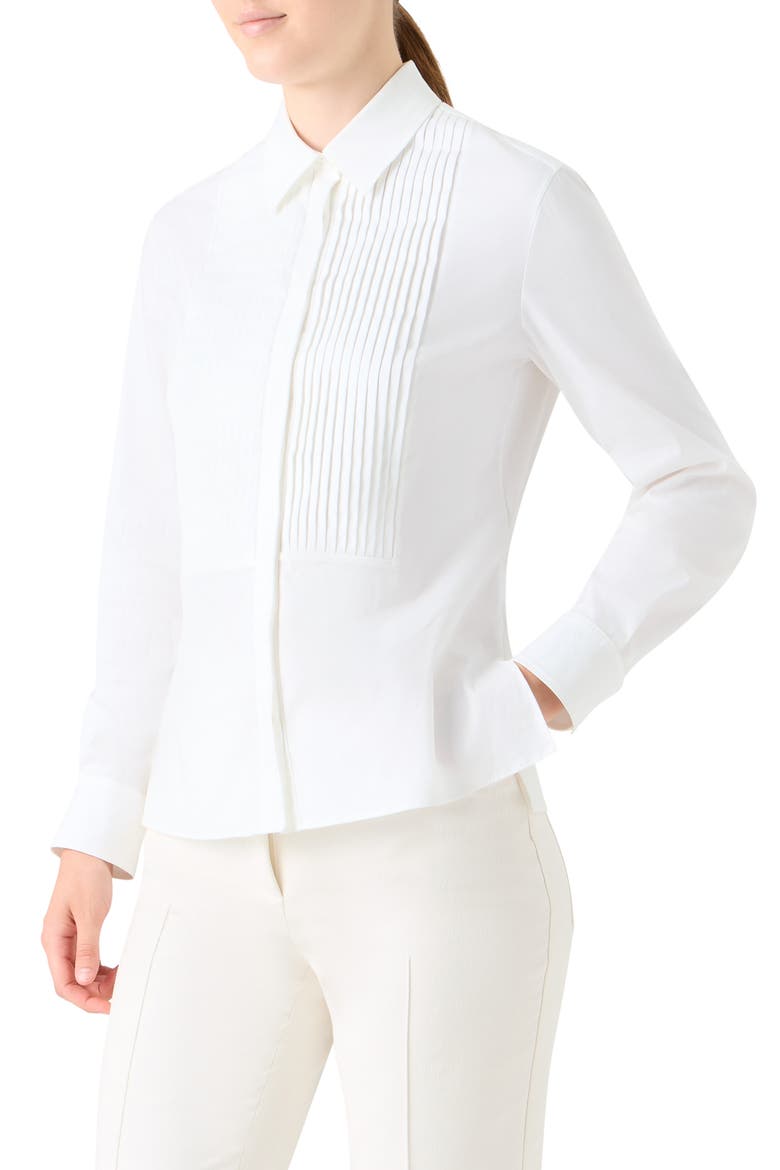 Pleated Bib Stretch Poplin Button-Up Shirt, Alternate, color, WHITE