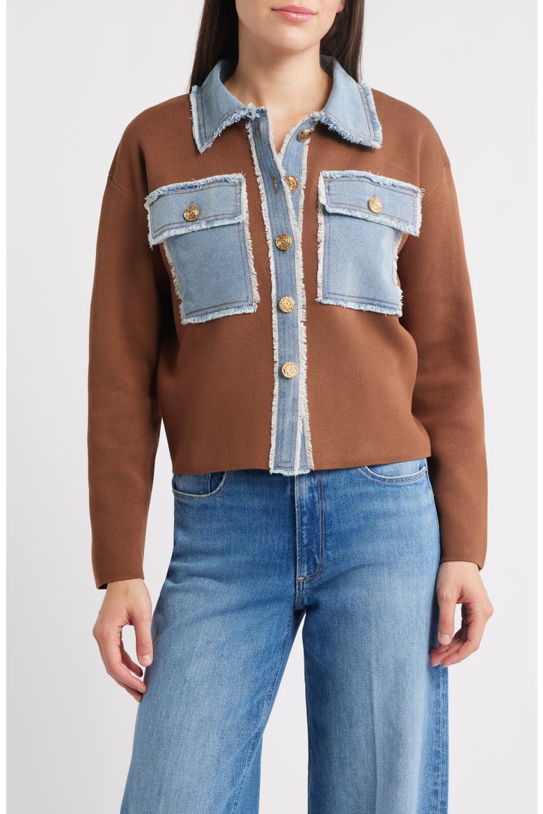 Knit & Denim Trucker Jacket, Alternate, color, BROWN/ DENIM