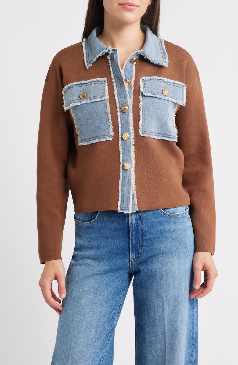 ZOE AND CLAIRE Knit & Denim Trucker Jacket, Alternate, color, Brown/ Denim