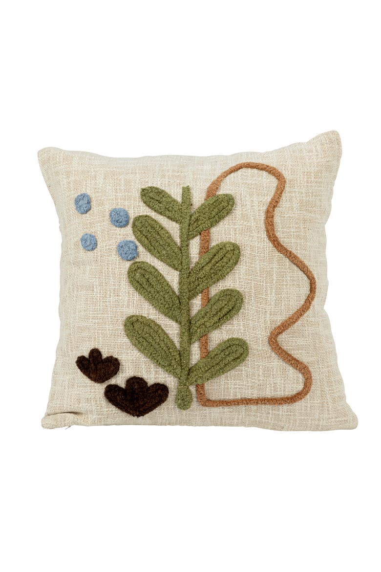 Square Cotton Slub Pillow with Tufted Plant Design, Multicolor, Alternate, color, White