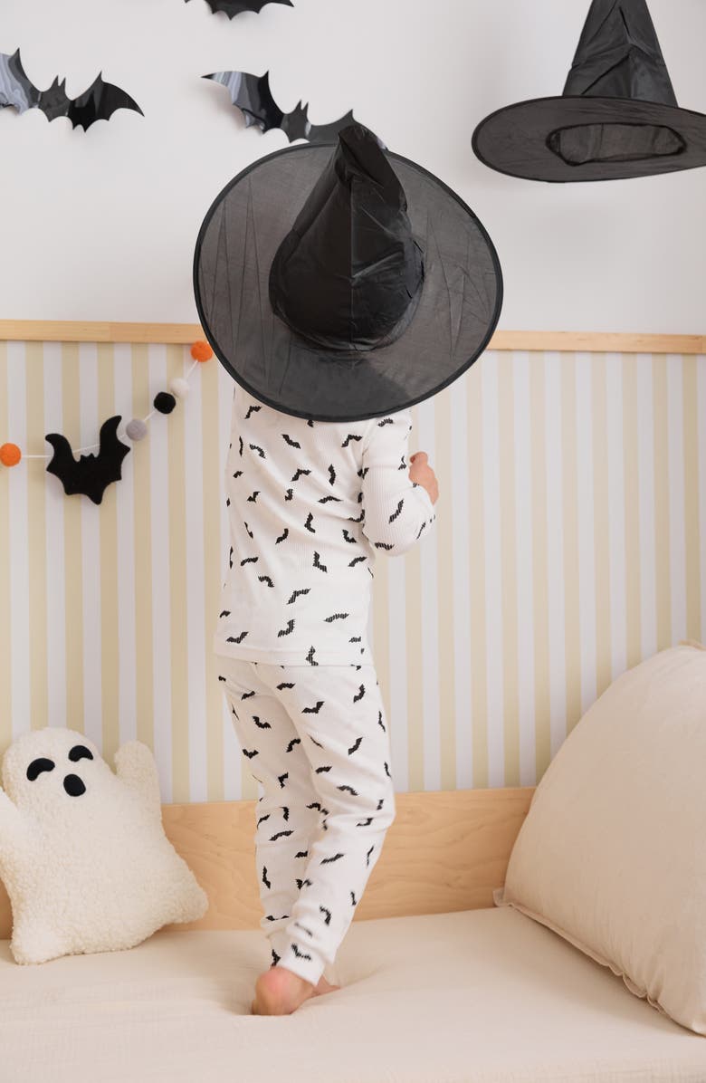 Petit Lem Kids' Bat Print Glow in the Dark Fitted Two-Piece Cotton Rib Pajamas, Alternate, color, Off White