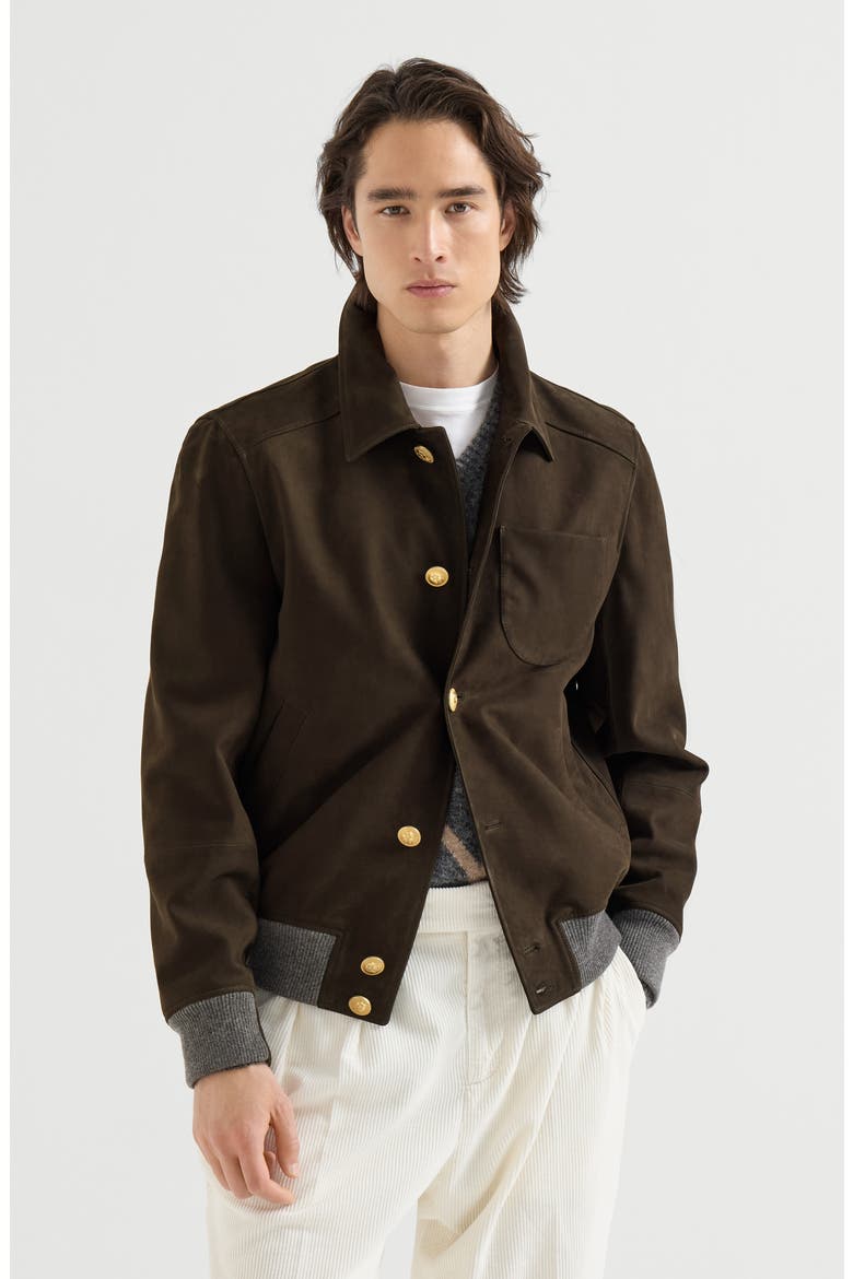 Nubuck Shirt-style Bomber Jacket With Cashmere Inserts And Metal Buttons, Main, color, Rust Brown