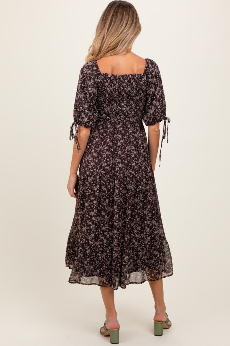 Floral Smocked Sleeve Tie Midi Dress, Alternate, color, Brown
