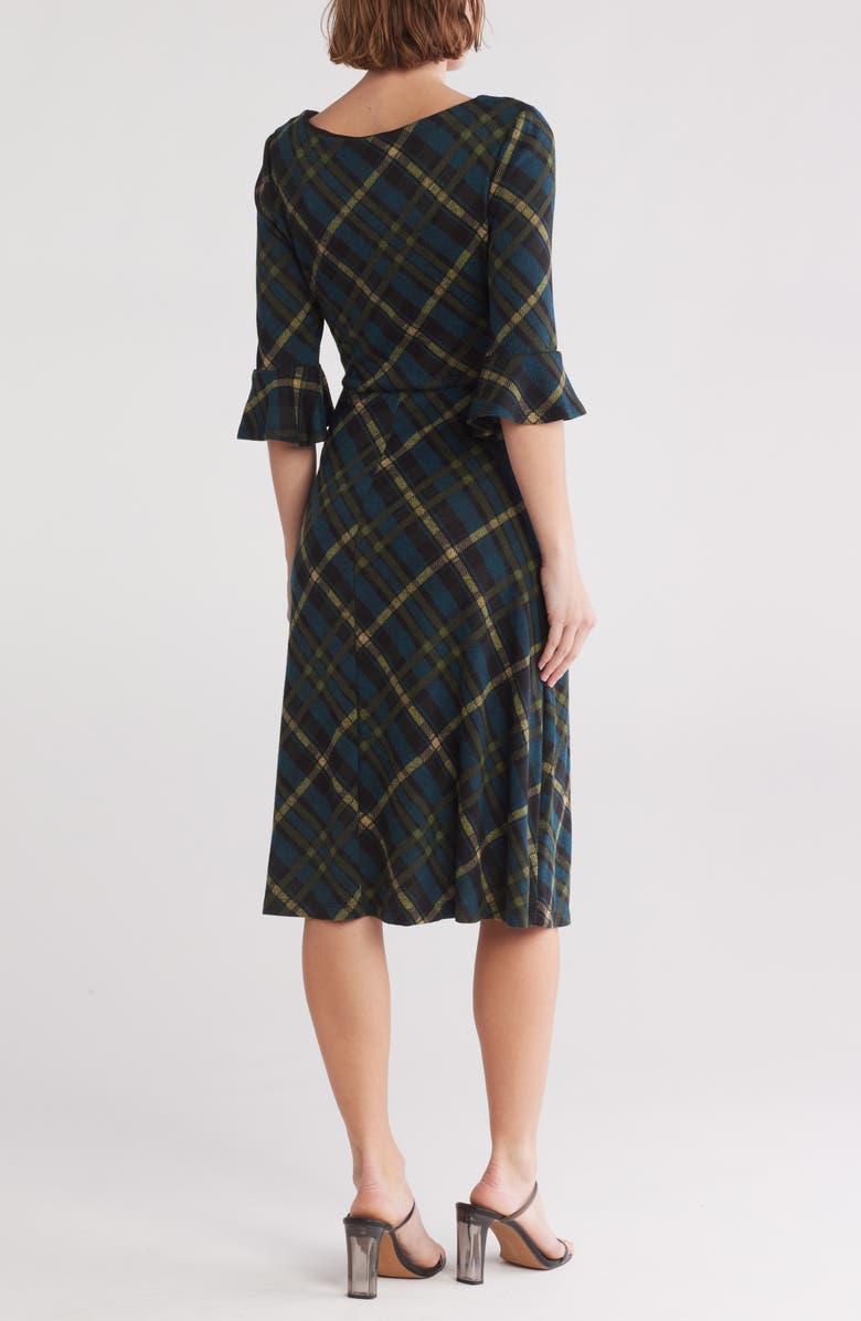Connected Apparel Plaid Bell Sleeve Tie Midi Dress, Alternate, color, 