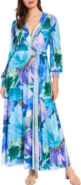 London Times Shirred Surplice Neck Maxi Dress