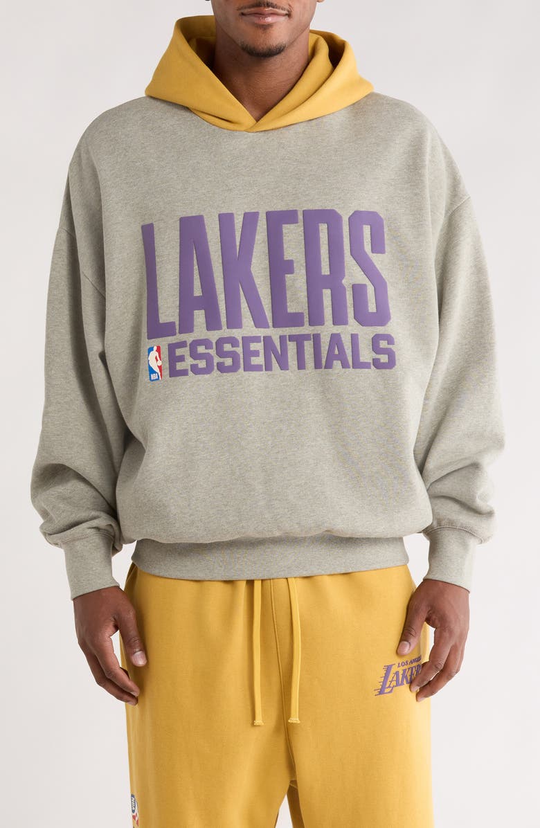 Fear of God Essentials x NBA Lakers Sports Fit Hoodie, Main, color, Concrete Heather/ Canyon