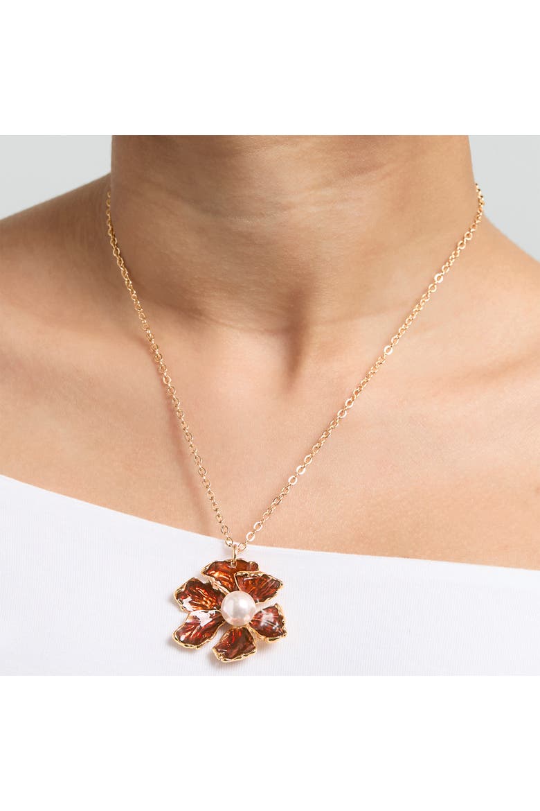Gold-Tone Floral Pendant Necklace with Pearl Detail, Alternate, color, Burgundy