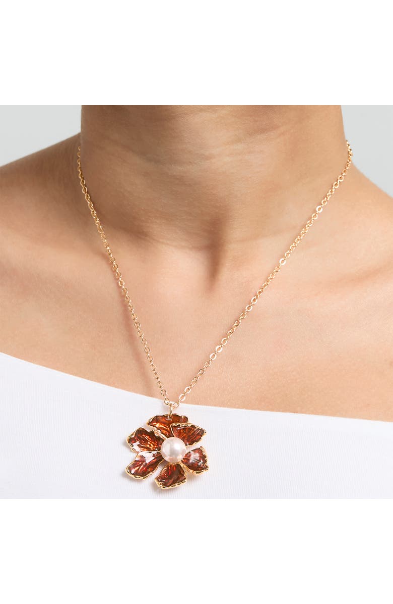 BCBG Gold-Tone Floral Pendant Necklace with Pearl Detail, Alternate, color, Burgundy