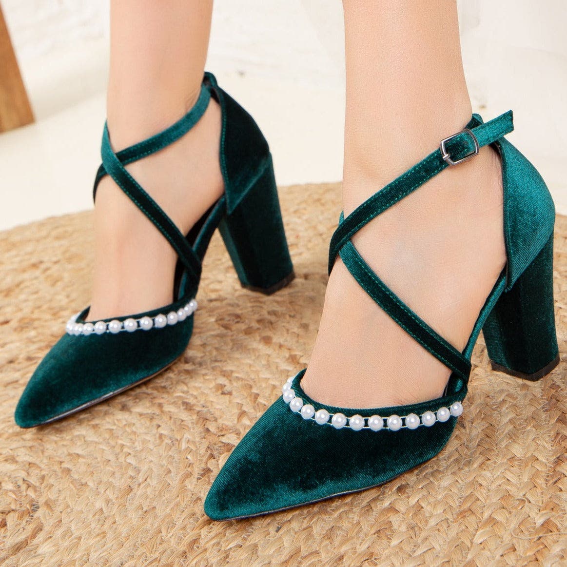 Forever & Always Shoes Sina Criss Cross Heels with Pearls, Alternate, color, Emerald Green W/ Pearls