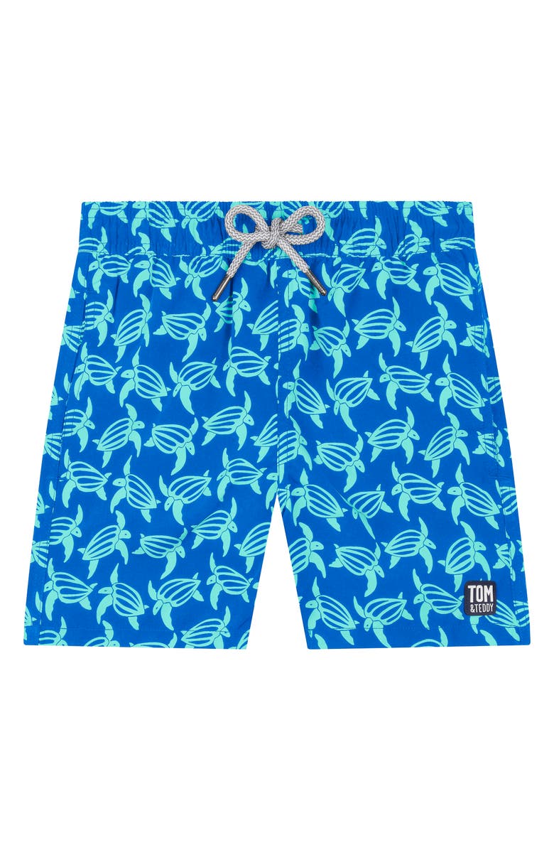 Tom & Teddy Kids' Turtle Print Swim Trunks, Main, color, Blue Ice Green