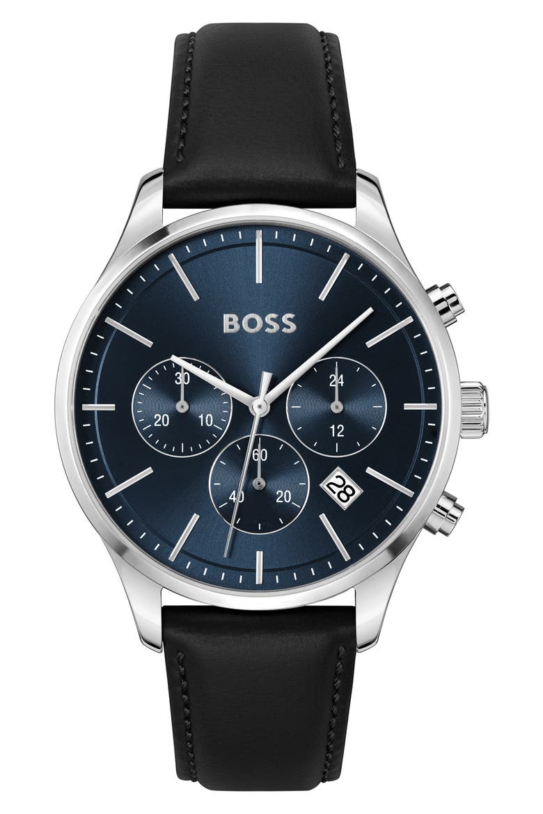 Avery Chronograph Leather Strap Watch, 42mm, Main, color, BLUE