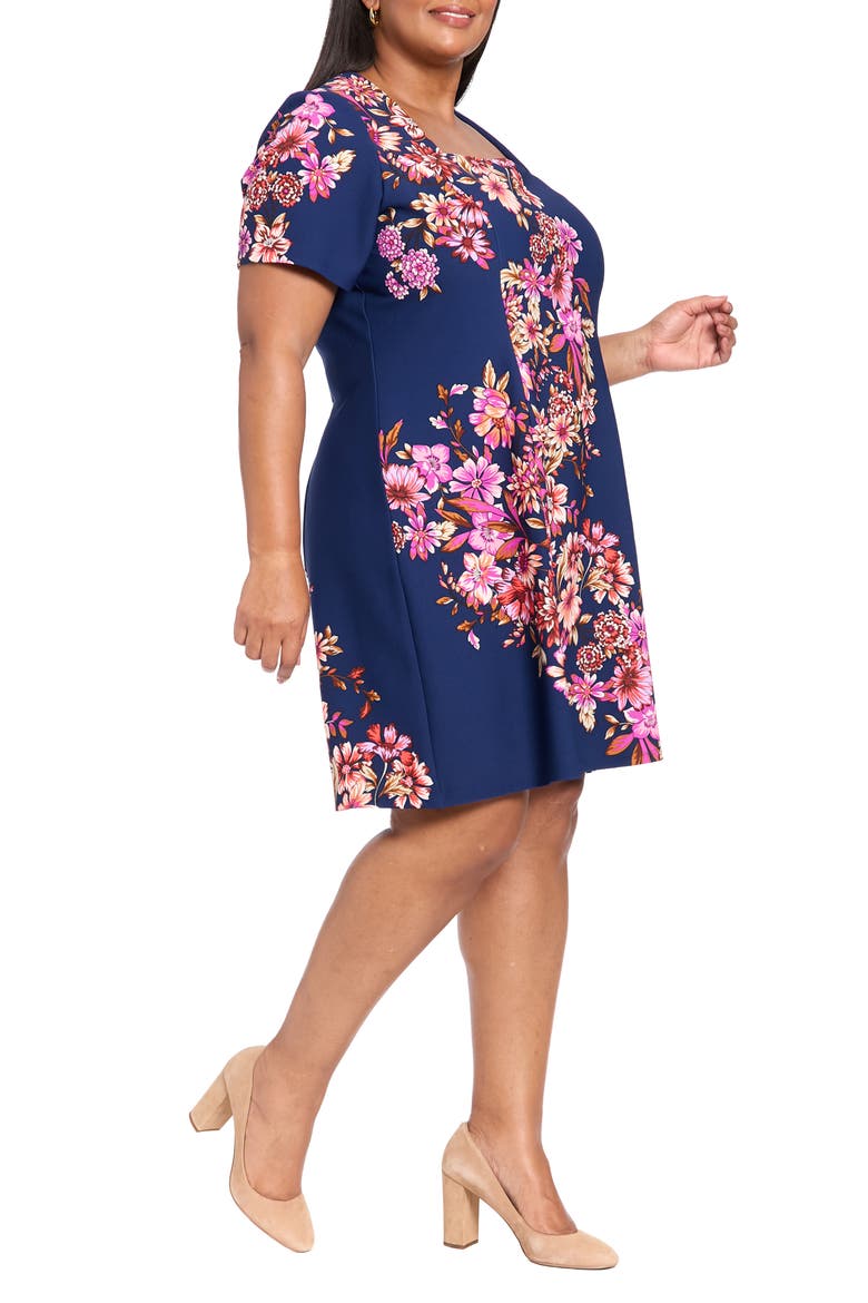 Floral Short Sleeve Fit & Flare Dress, Alternate, color, NAVY/ FUCHSIA
