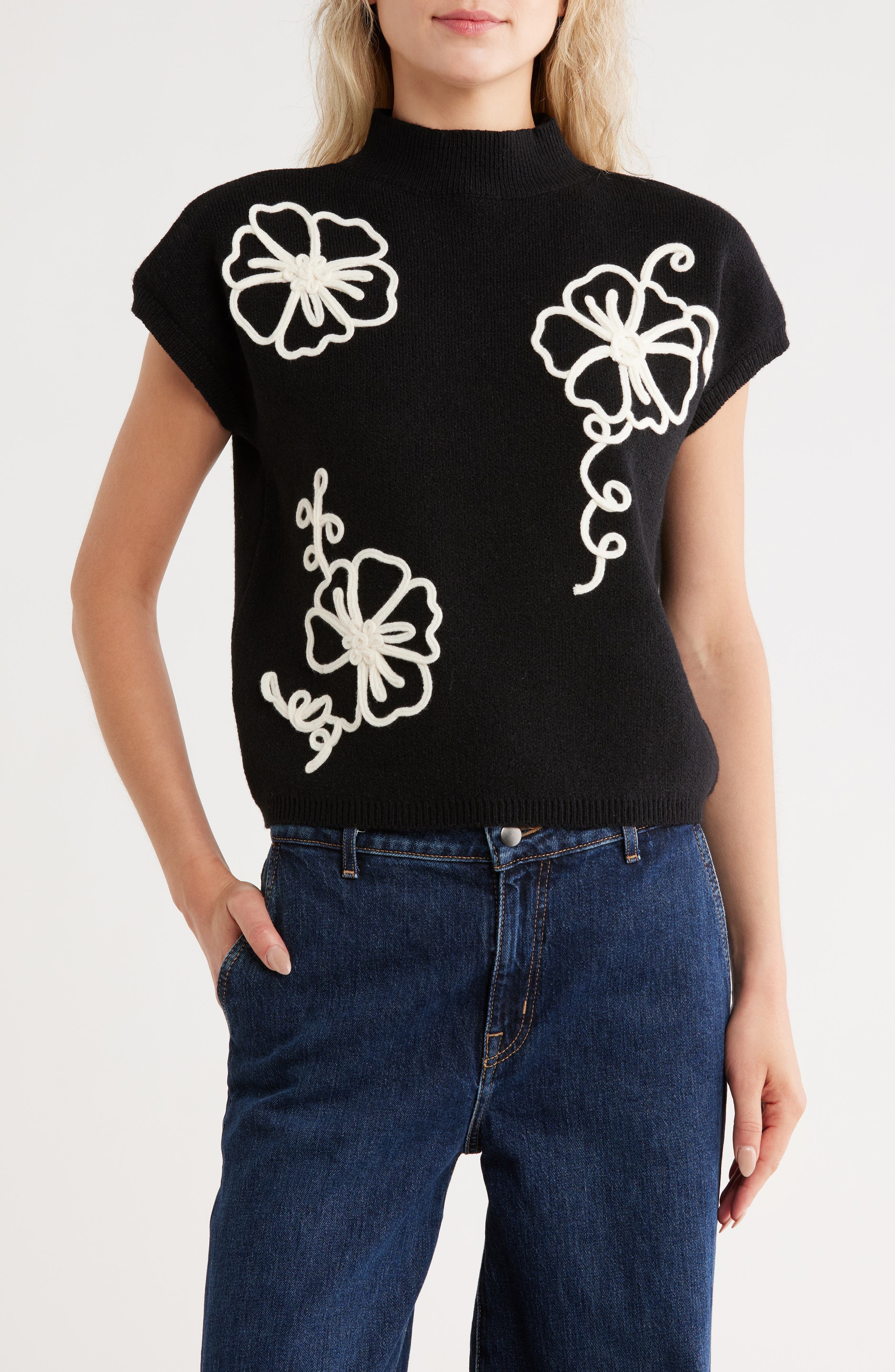Blu Pepper Floral Appliqué Mock Neck Sleeveless Sweater