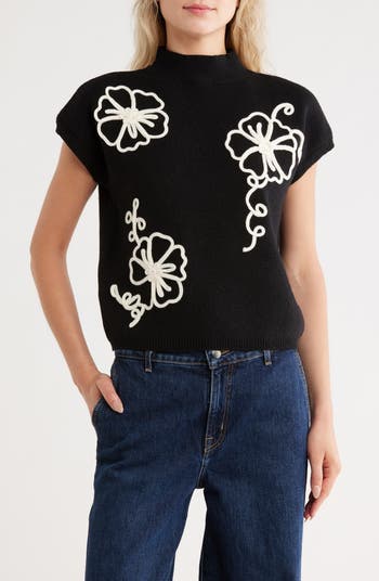 Floral Appliqué Mock Neck Sleeveless Sweater