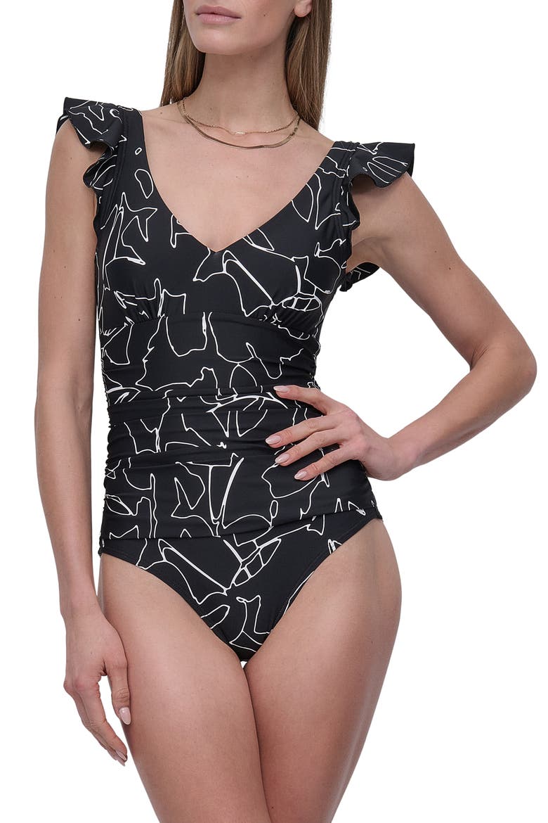 Ruffle Sleeve One-Piece Swimsuit, Main, color, BLACK OUTLINE