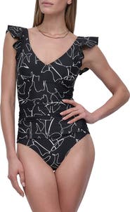 DKNY Ruffle Sleeve One-Piece Swimsuit