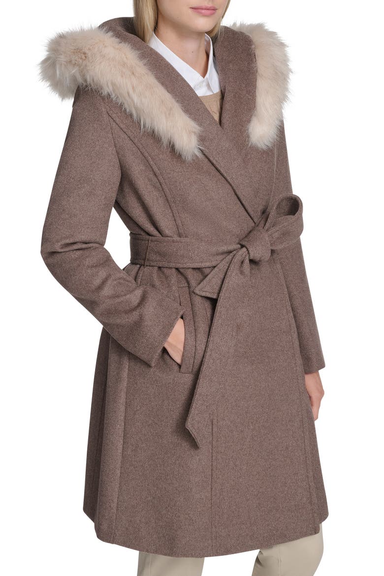 Slick Wool Blend Coat with Faux Fur Trim Hood, Alternate, color, PORTOBELLO