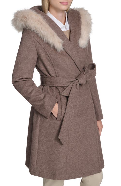 Cole Haan Slick Wool Blend Coat With Faux Fur Trim Hood In Brown