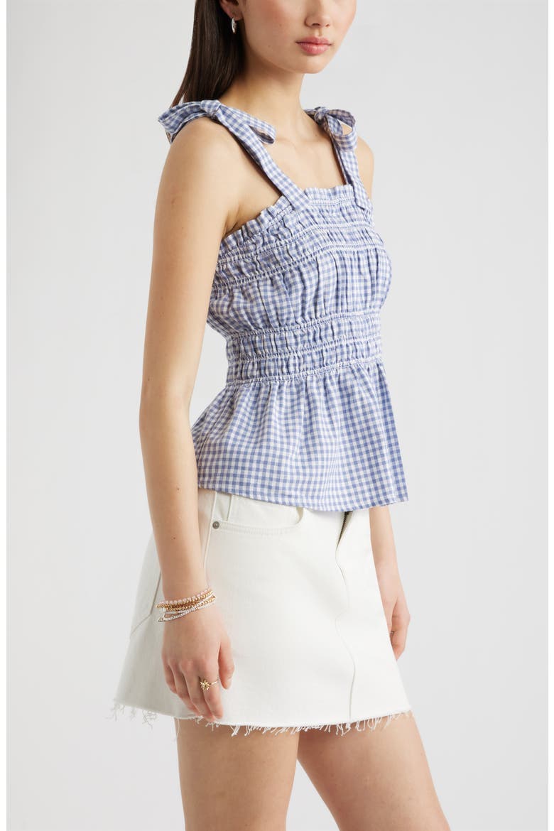 Gingham Shirred Linen Blend Top, Alternate, color, BLUE- WHITE DEMI GINGHAM
