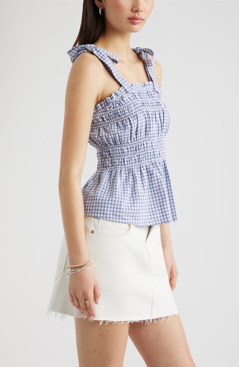 BP. Gingham Shirred Linen Blend Top, Alternate, color, Blue- White Demi Gingham