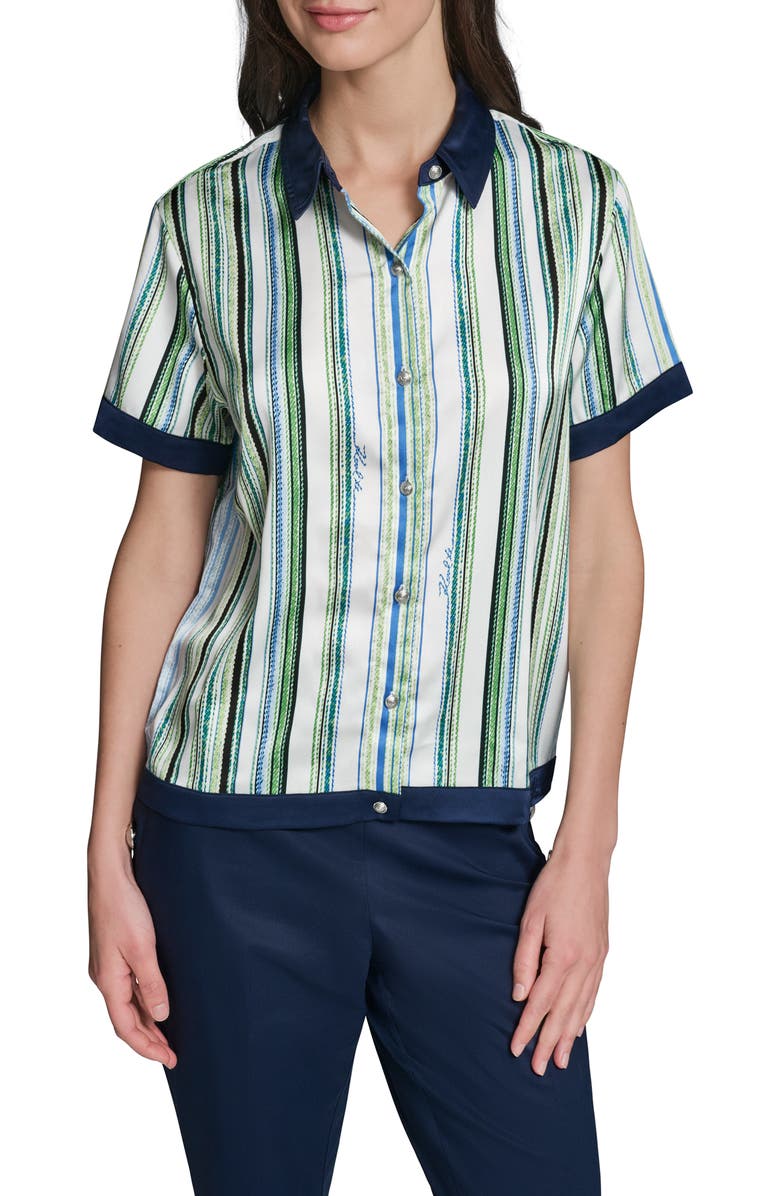 KARL LAGERFELD PARIS Stripe Contrast Trim Button-Up Shirt, Main, color, Soft White/ Sky Blue Multi