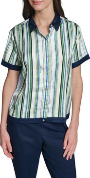 KARL LAGERFELD PARIS Stripe Contrast Trim Button-Up Shirt