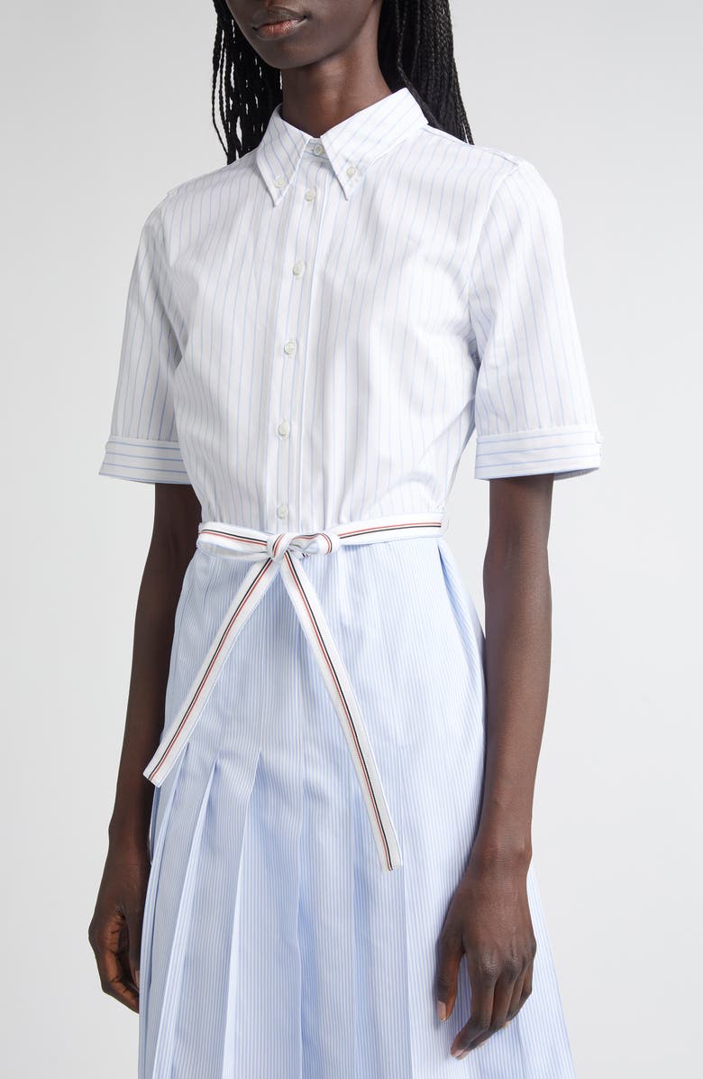 Thom Browne Mixed Stripe Pleated Button-Down Shirtdress, Alternate, color, Light Blue