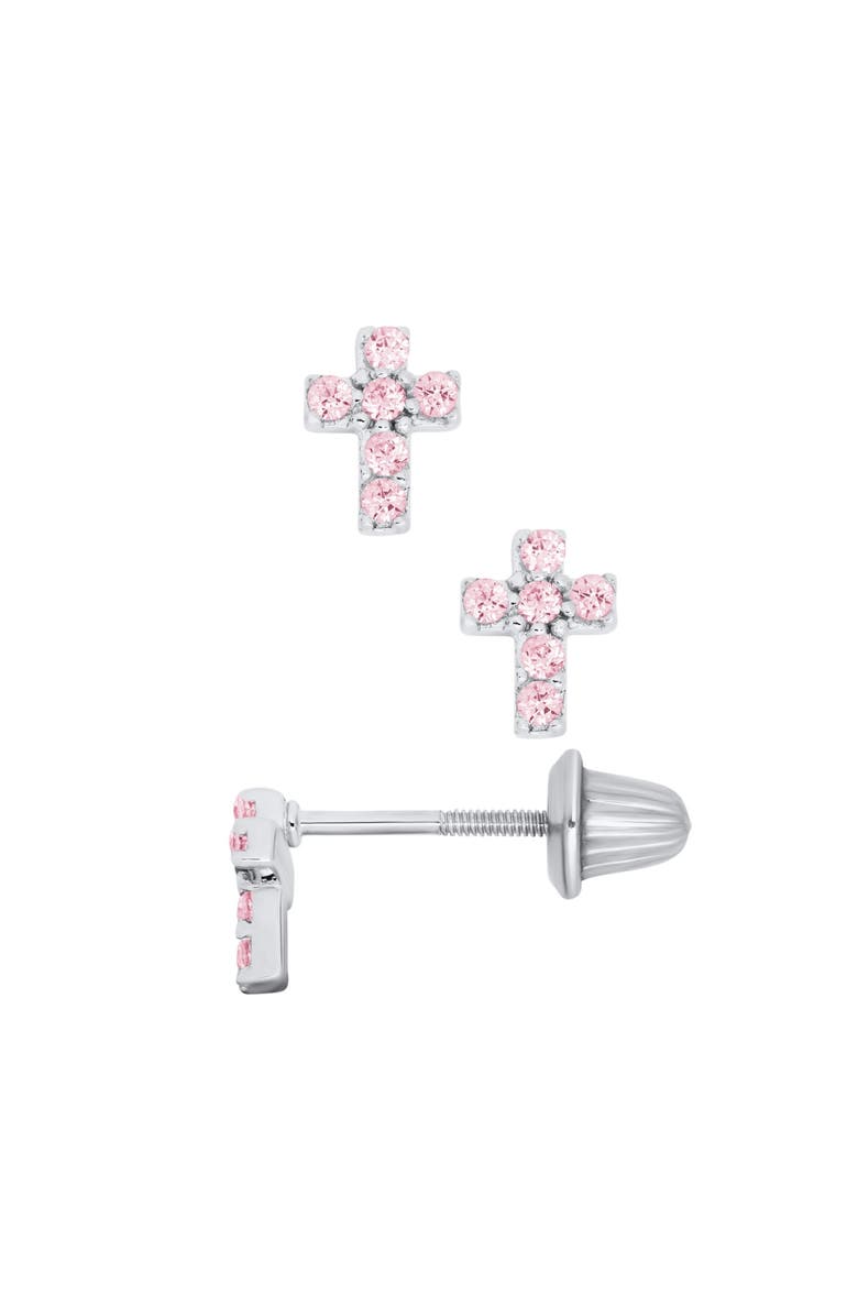 Mia Belle Gilrs Sterling Silver Pink Cross Stud Earrings, Main, color, Silver