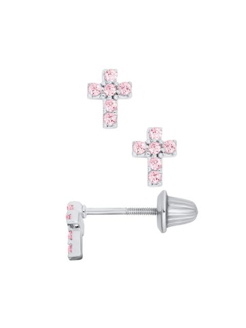 Sterling Silver Pink Cross Stud Earrings (Toddler, Little Kid & Big Kid)