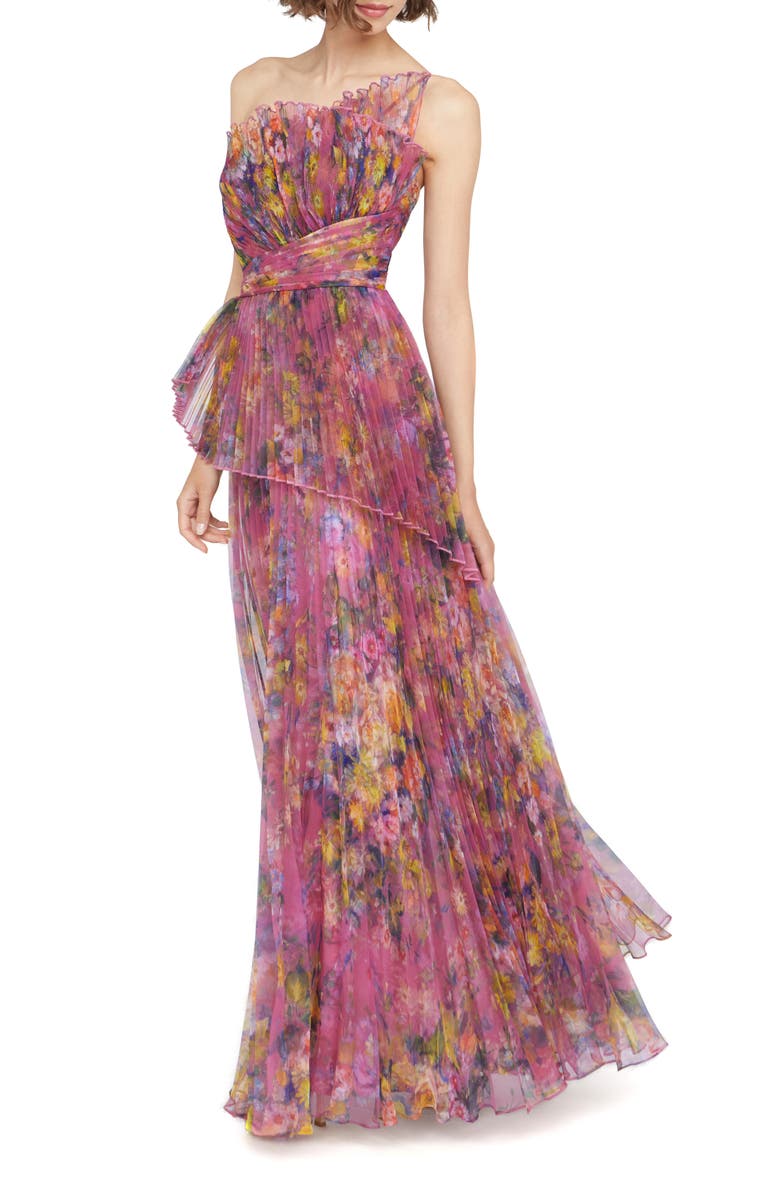 Theia Nicolette Floral Print Pleated Organza Gown, Alternate, color, 