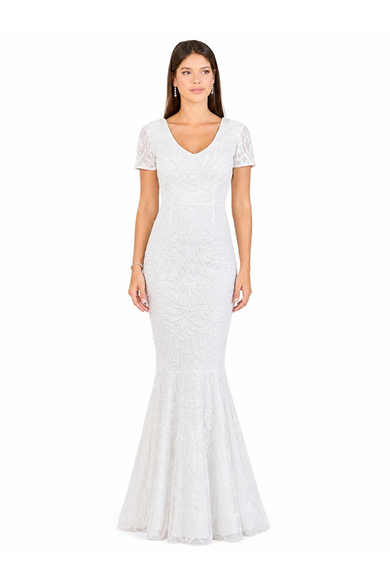 Cap Sleeve Beaded Wedding Gown, Alternate, color, Ivory