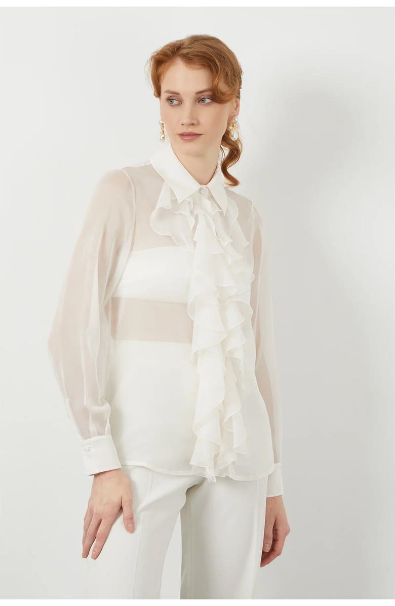 Gizia Front Ruffle Transparent Off-White Shirt, Main, color, Ecru