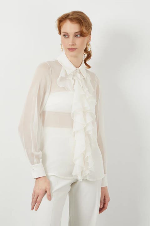Front Ruffle Transparent Off-White Shirt