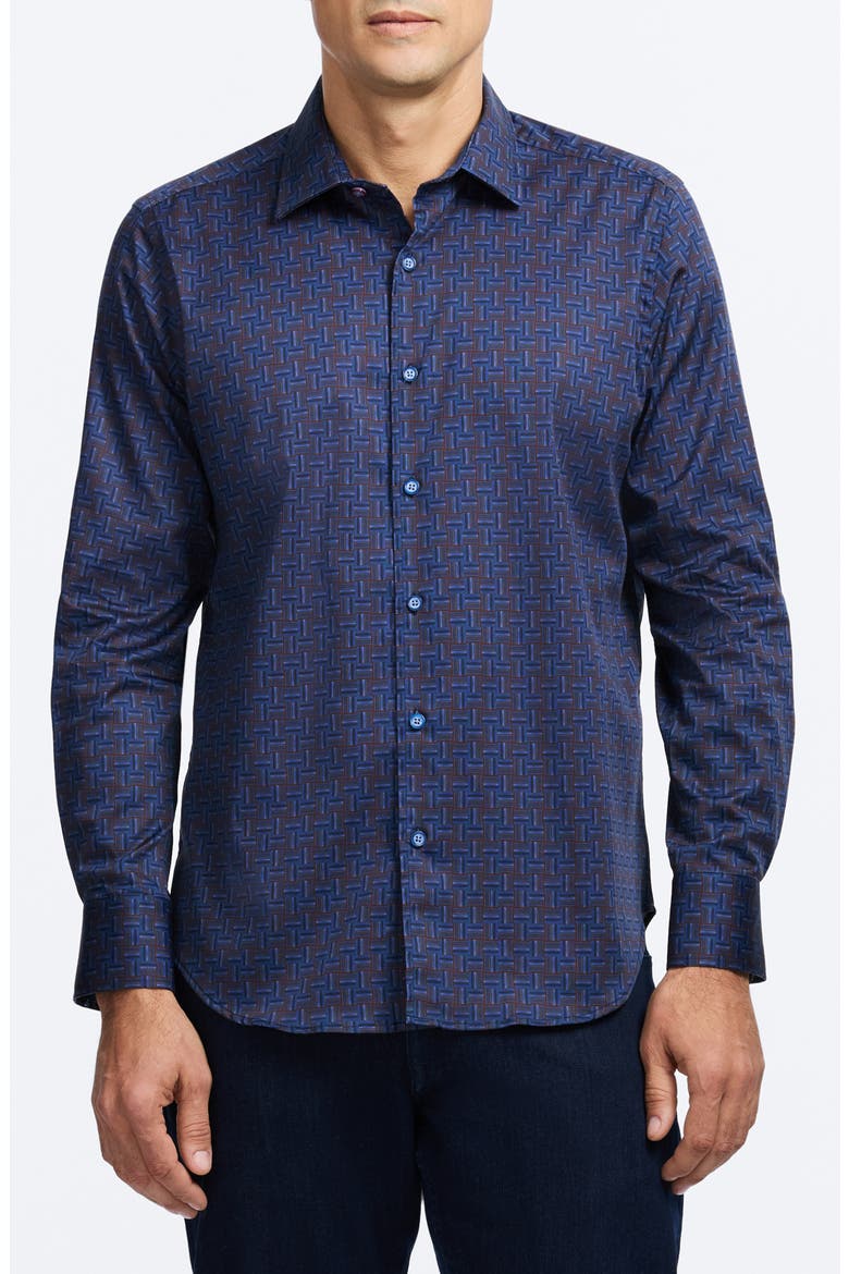 Talbot Geometric Print Stretch Cotton Button-Up Shirt, Main, color, BLUE MULTI