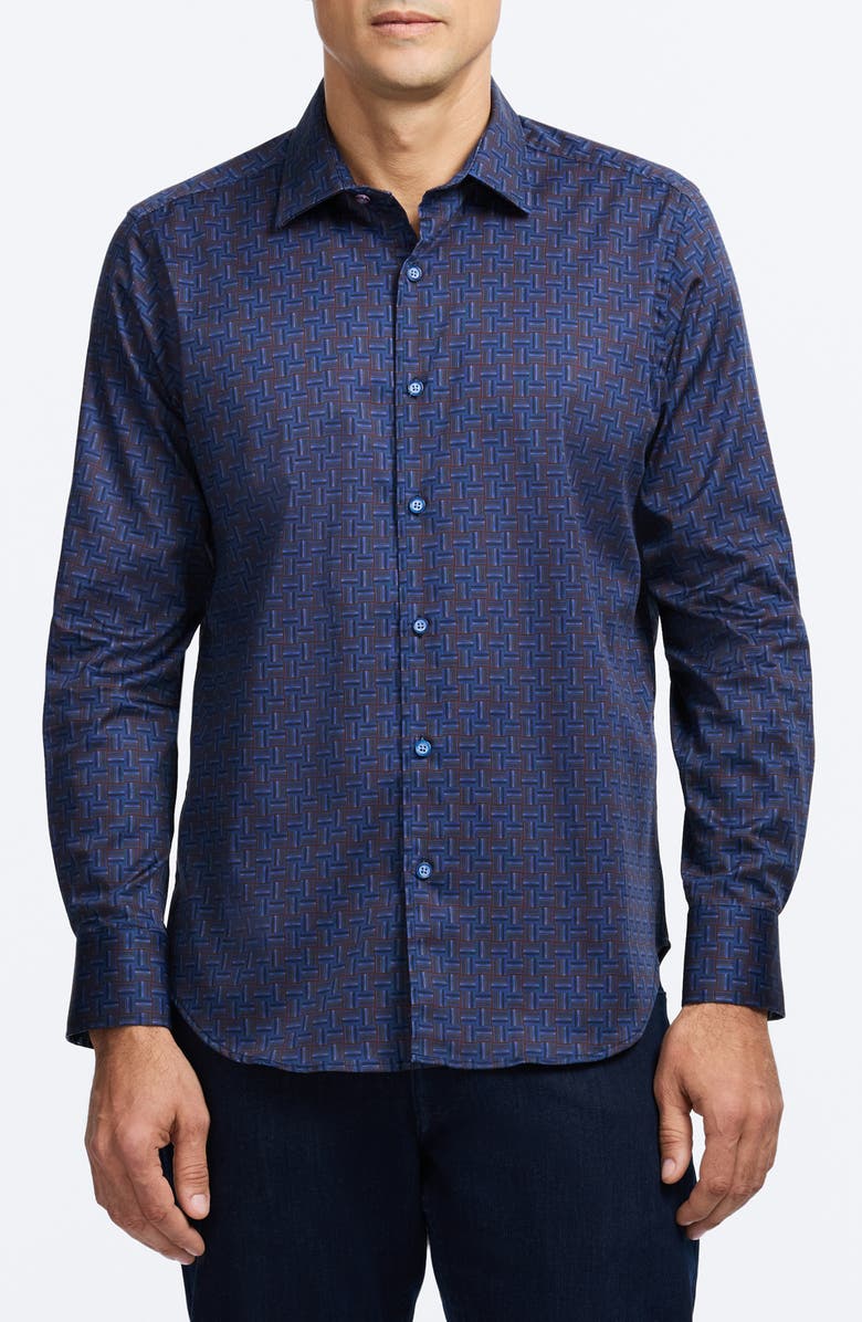 Robert Graham Talbot Geometric Print Stretch Cotton Button-Up Shirt, Main, color, Blue Multi