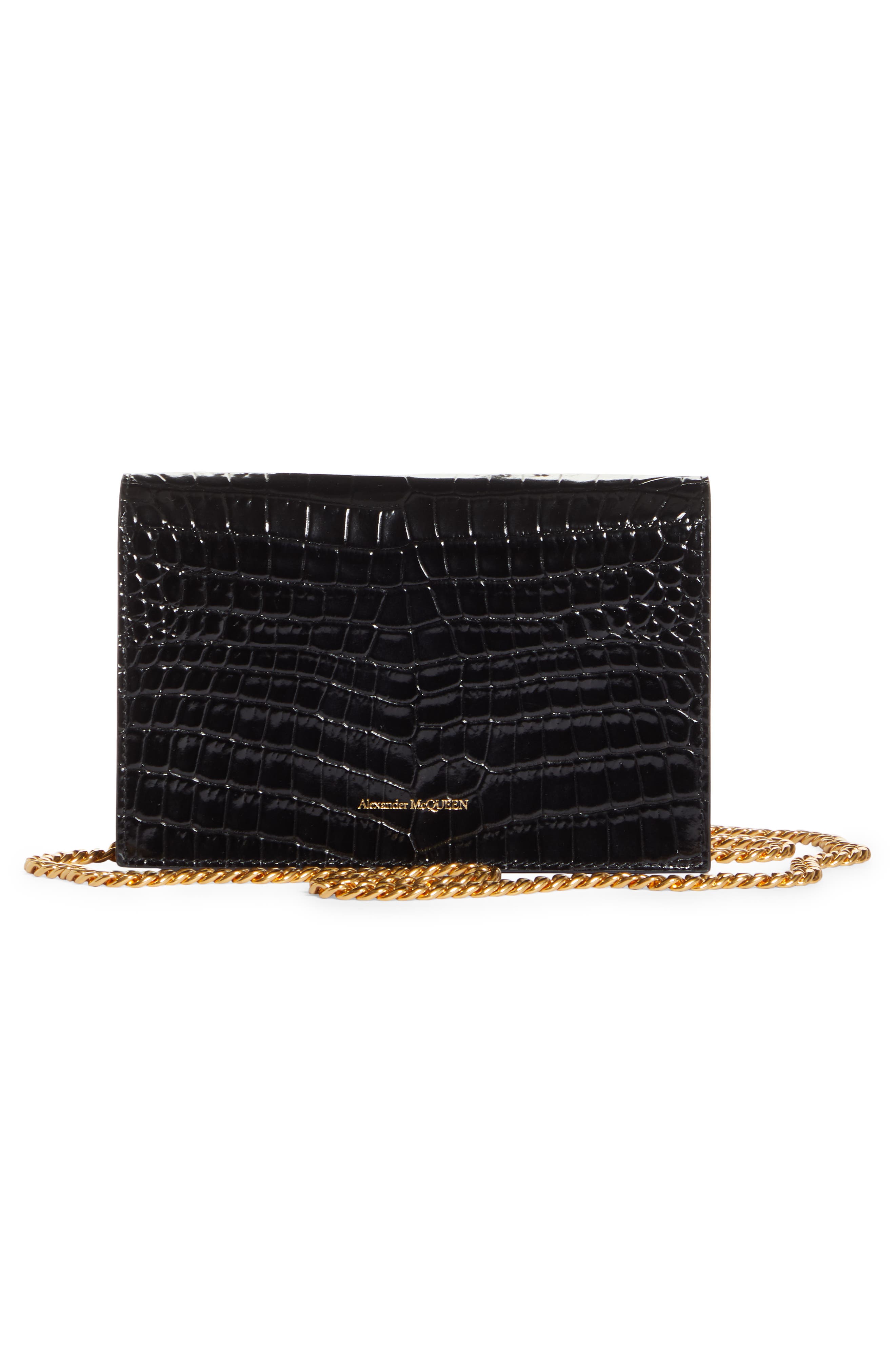 McQueen Alexander McQueen Mini Skull Croc Embossed Leather Bag, Alternate, color, Nero