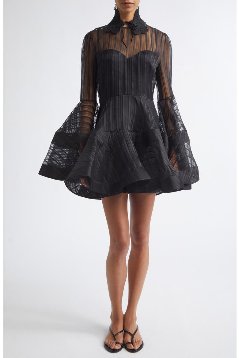 Valiant Lantern Stripe Long Sleeve Silk Minidress, Main, color, BLACK