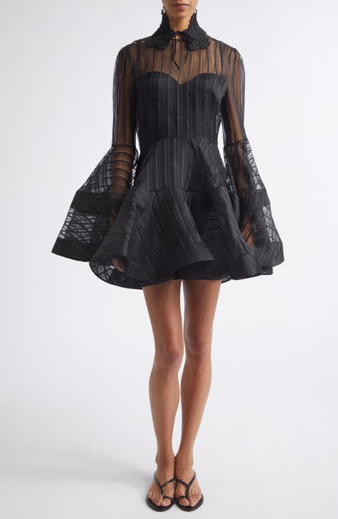 Valiant Lantern Stripe Long Sleeve Silk Minidress