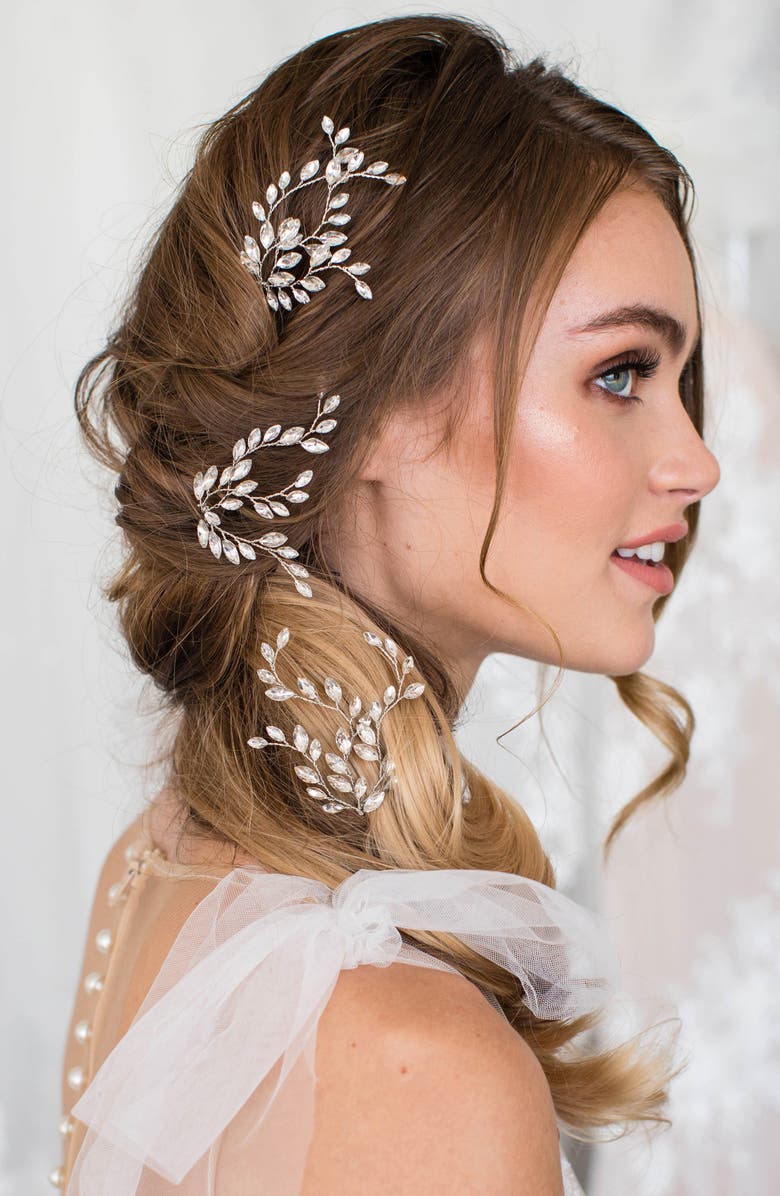 Brides & Hairpins Fawn Set of 3 Swarovski Crystal Hair Pins, Alternate, color, Silver