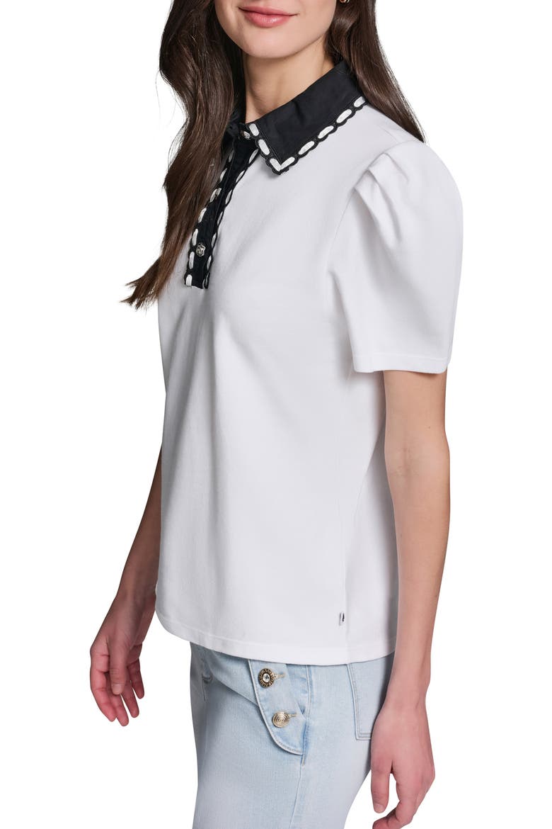 Contrast Collar Puff Sleeve Stretch Cotton Piqué Polo Shirt, Alternate, color, SOFT WHITE