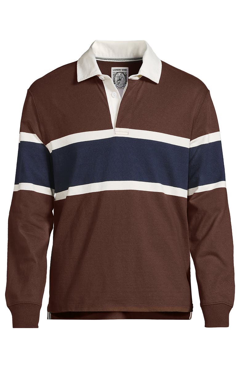 Lands' End Long Sleeve Rugby Shirt, Alternate, color, Dark Walnut Brown/Navy Stripe