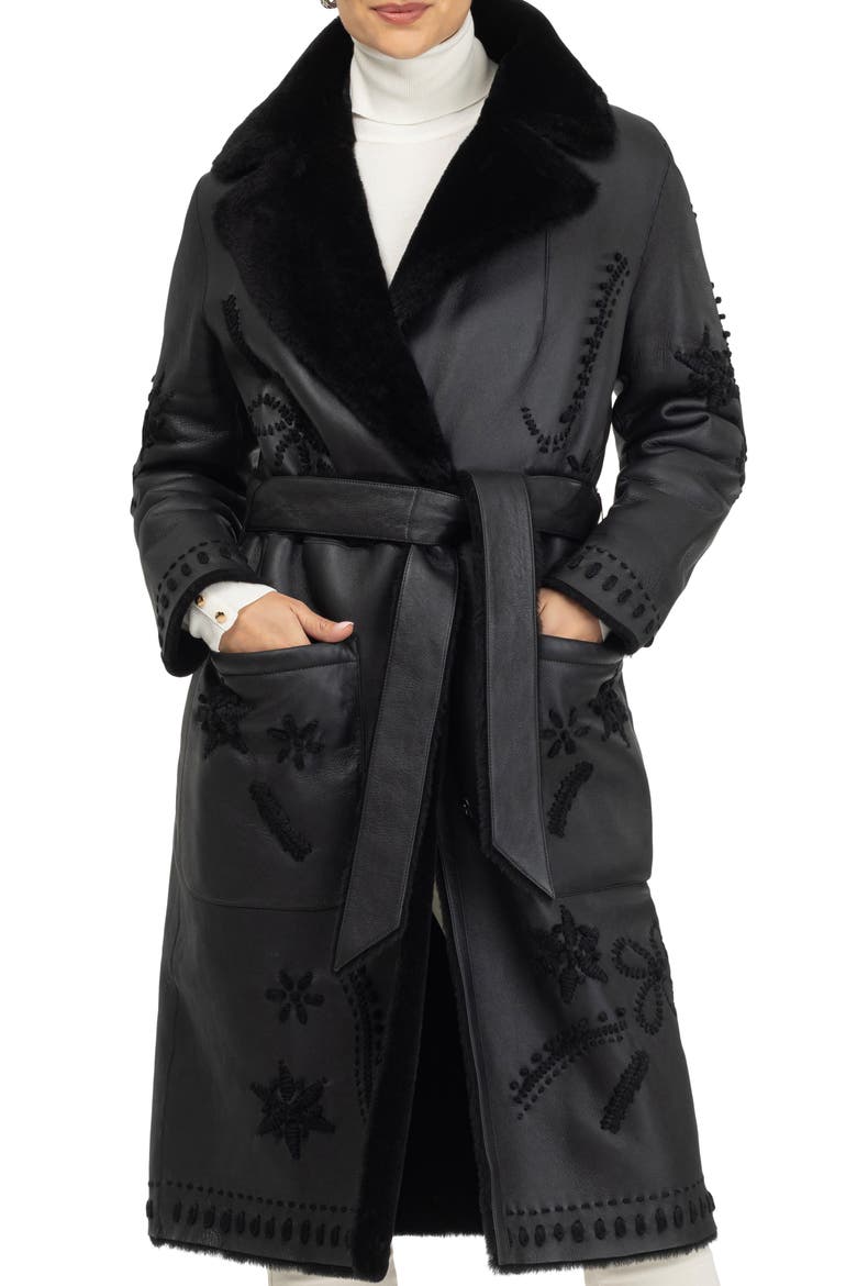Genuine Shearling Short Coat with Embroidery, Belt, Main, color, BLACK/BLACK