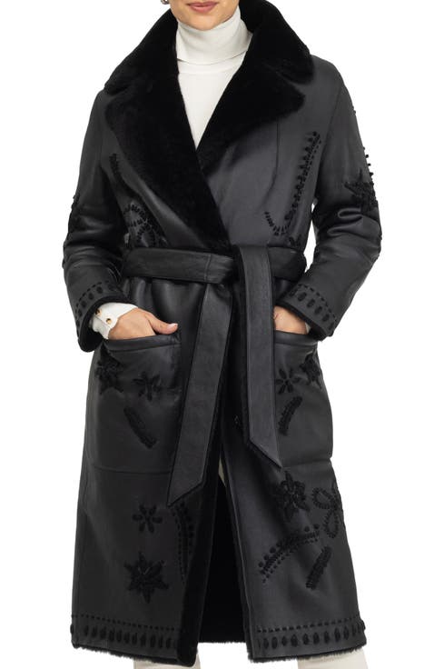 Genuine Shearling Short Coat with Embroidery, Belt